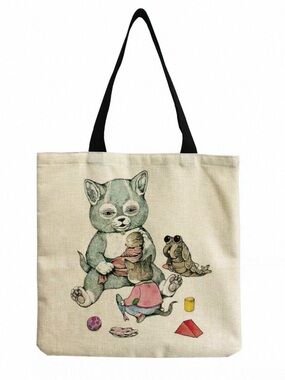 Canvas Cream Tote Bag with Cute Animal Print